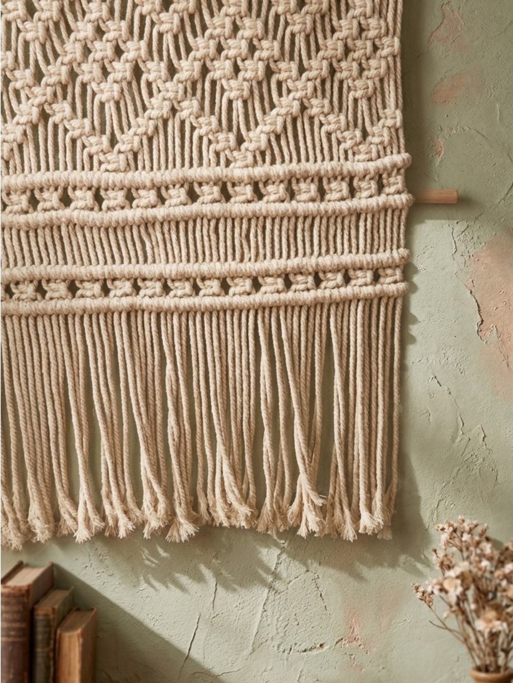 Large Macrame Wall Hanging -7 of Hearts - Boho Chic Cream Woven Tapestry Decor- - Picture 2 of 4